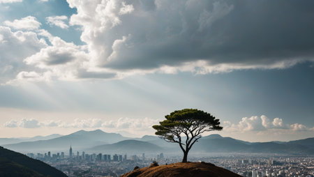 A lone tree on the top of the mountain overlooks the city and distant mountainsの素材