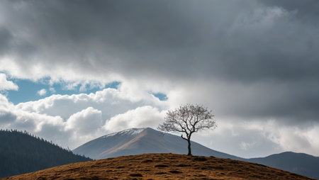 Lonely trees on the hills and distant mountains and sea of cloudsの素材