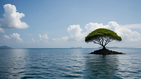Lonely trees at sea and blue sky and white cloudsの素材