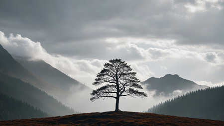 Lonely tree and cloud landscape in the mountainsの素材