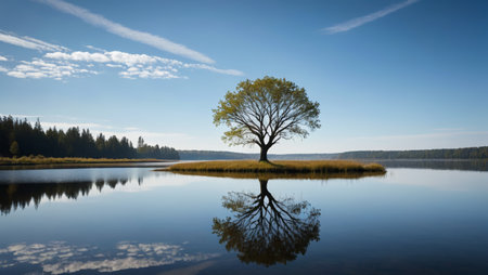 Lone trees and forest natural landscape by the lakeの素材