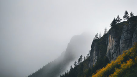 Misty Mountain Peaks and Trees Natural Landscapeの素材