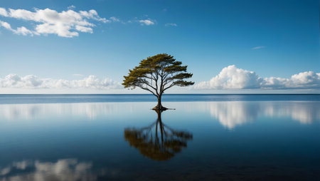 Lone trees by the lake and blue sky and white cloudsの素材