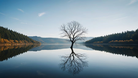 Panoramic view of the natural scenery of the lone tree by the lakeの素材