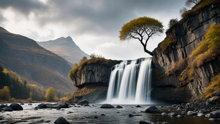 Mountain waterfalls and lonely treesの素材