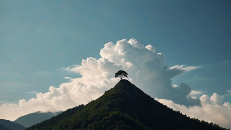 The natural scenery of isolated trees on the top of the mountain and blue sky and white cloudsの素材