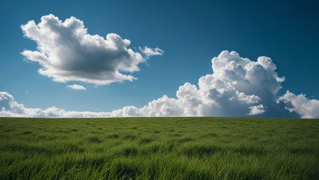 Green grassland scenery under blue sky and white cloudsの素材