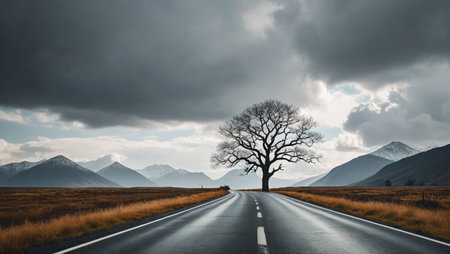 Lonely tree landscape along the wilderness roadの素材
