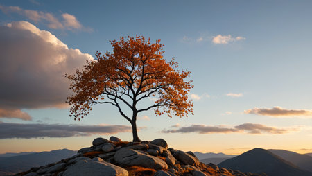Lonely tree on the top of the mountain and dusk sky viewの素材