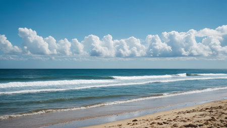 Beach and ocean view under blue sky and white cloudsの素材