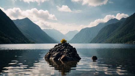 The natural scenery of the lake's mountains and distant mountainsの素材