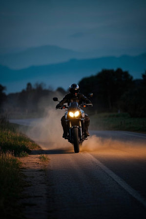 Motorcycle riding on country roads at nightの素材