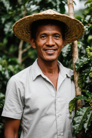 Coffee growers wearing straw hatsの素材