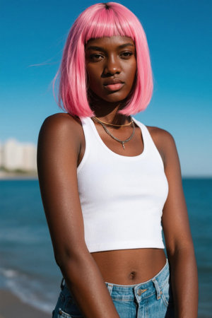 Young black woman with pink hair on the beachの素材