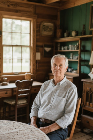 Portrait of a white haired old man sitting indoorsの素材