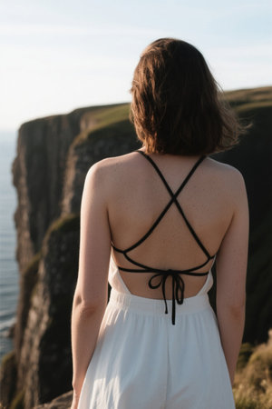 Woman's back on the edge of a cliffの素材