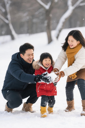Family Snow Day Outdoor Snow Play Sceneの素材