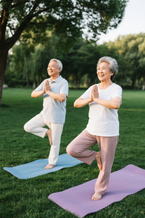 Yoga in the park for elderly couplesの素材