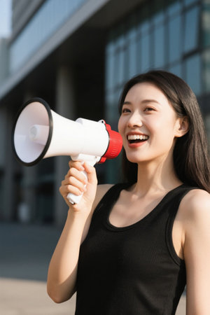 Woman speaking outdoors with megaphoneの素材