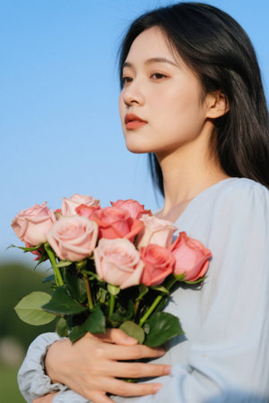 Woman holding a rose outdoorsの素材