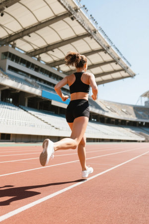 Women running on the stadium trackの素材