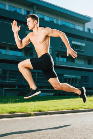 Shirtless men running outdoorsの素材