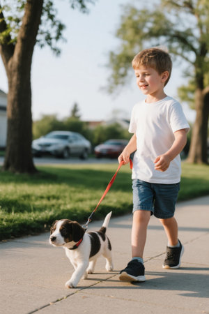 Little boy walking with puppy outdoors sceneの素材