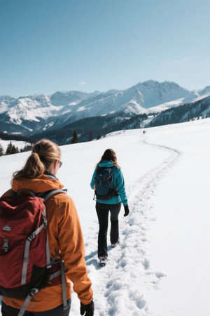 Women hiking outdoors in the snow capped mountainsの素材