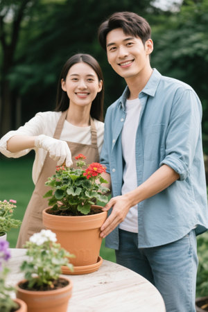 Young men and women take care of potted plants together outdoorsの素材