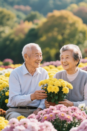 Elderly couple smiling among flowersの素材