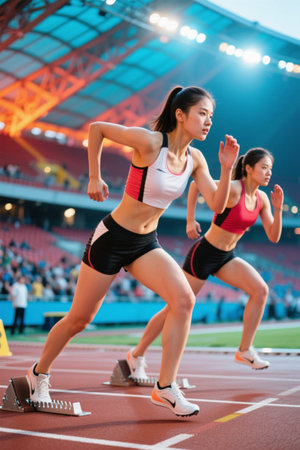 The starting moment of female athletes in the stadiumの素材