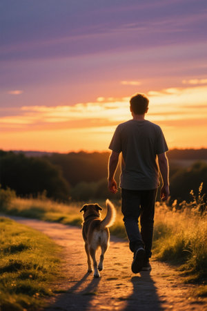 Man and dog strolling in the sunsetの素材
