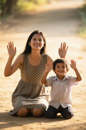Outdoor interactive scenes between mother and childの素材