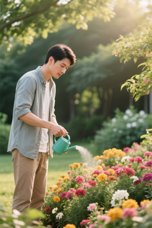 Watering flowers in a men's gardenの素材