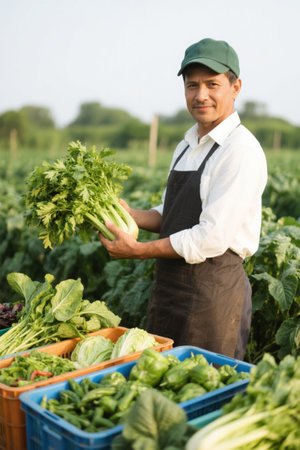 Farmers harvesting vegetables on the farmの素材