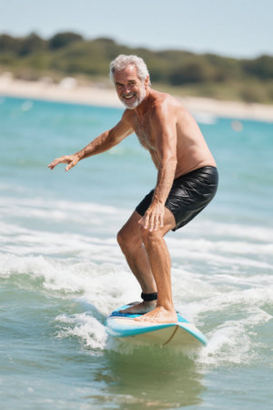 Older men surfing at the beachの素材