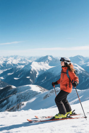 Female skiers in the snow capped mountainsの素材