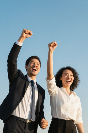 Business men and women celebrate outdoors with their fists raisedの素材