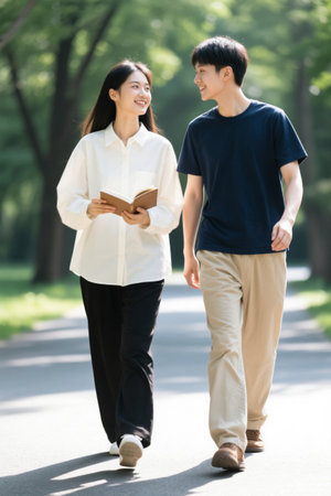 Couples stroll outdoors and communicateの素材