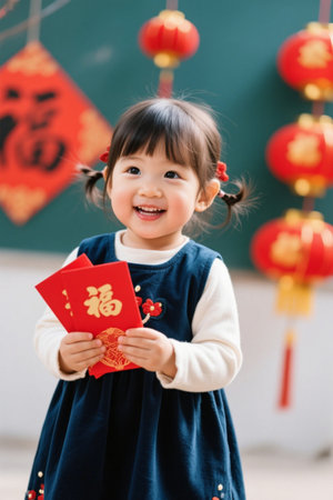 Little girl smiling with red envelopeの素材