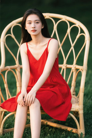 Woman in red dress sitting on rattan chairの素材