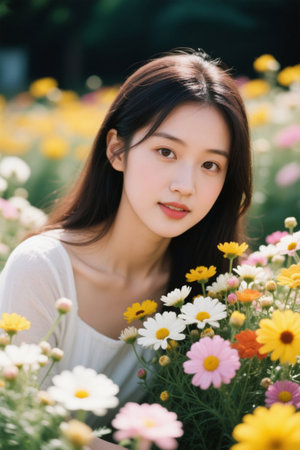 Smiling young woman in the flowersの素材