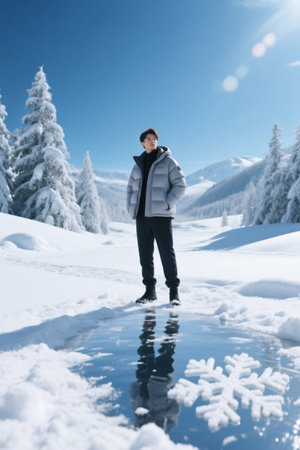Man standing in the snowの素材