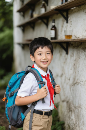 Outdoor front portrait of a little boy with a backpackの素材