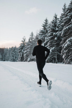 Men jogging in the snow forest sceneの素材