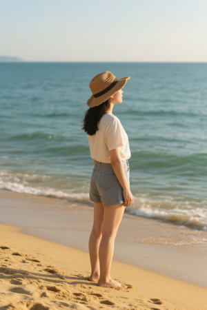 Woman looking out at the ocean from the beachの素材