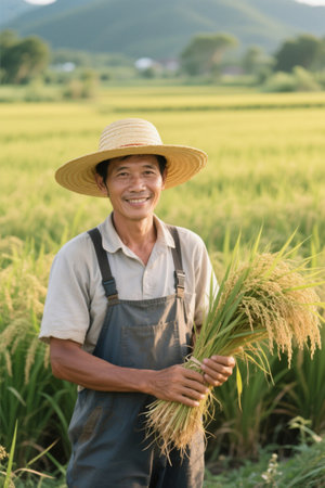 Farmers stand in rice fields holding riceの素材