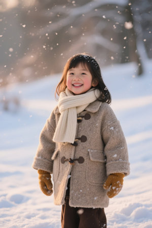 Little girl smiling in the snow outdoorsの素材