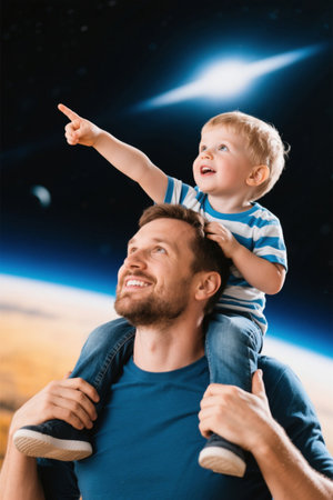 Father carries boy on shoulder pointing to skyの素材