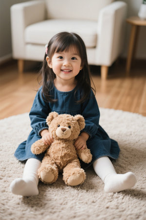 Little girl sitting indoors holding a teddy bearの素材